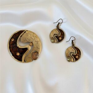Abstract Bronze Tone Pendant and Earring Set
